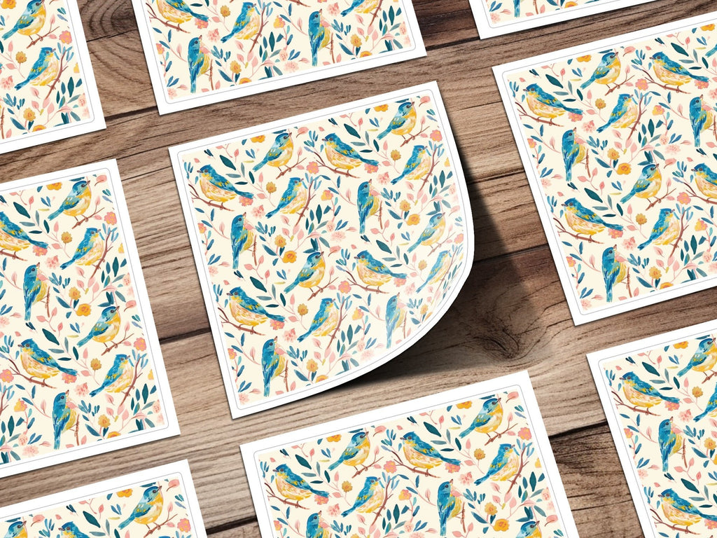 Bird Floral Seamless Digital Pattern, Watercolor Bird Illustration, Blue Yellow Bird Design, Repeating Pattern Fabric, Digital Files - Moore and Mountain