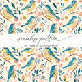 Bird Floral Seamless Digital Pattern, Watercolor Bird Illustration, Blue Yellow Bird Design, Repeating Pattern Fabric, Digital Files - Moore and Mountain