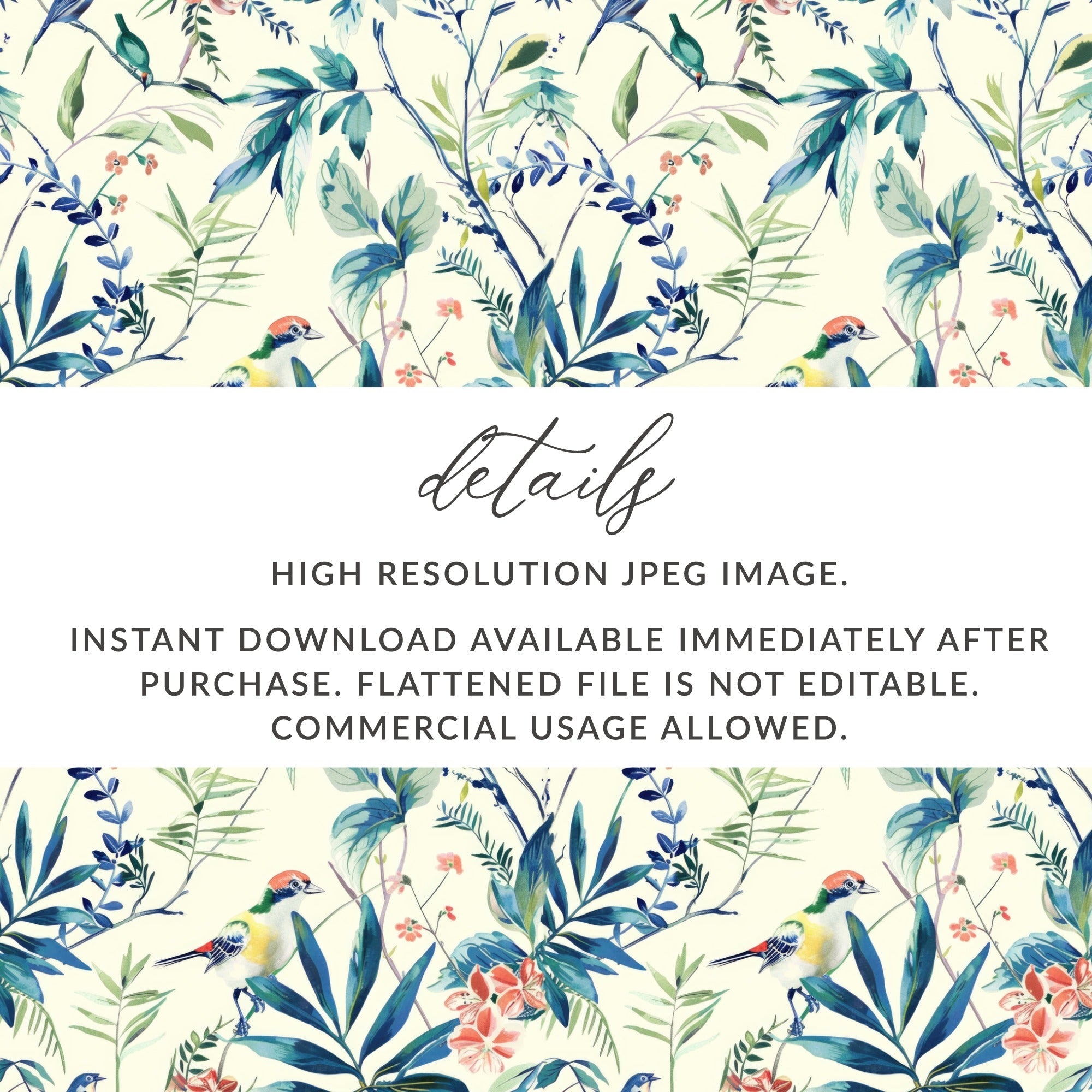 Bird Floral Seamless Pattern Digital Download, Botanical Print, Tropical Flower Design, Fabric Design, Background Texture - Moore and Mountain