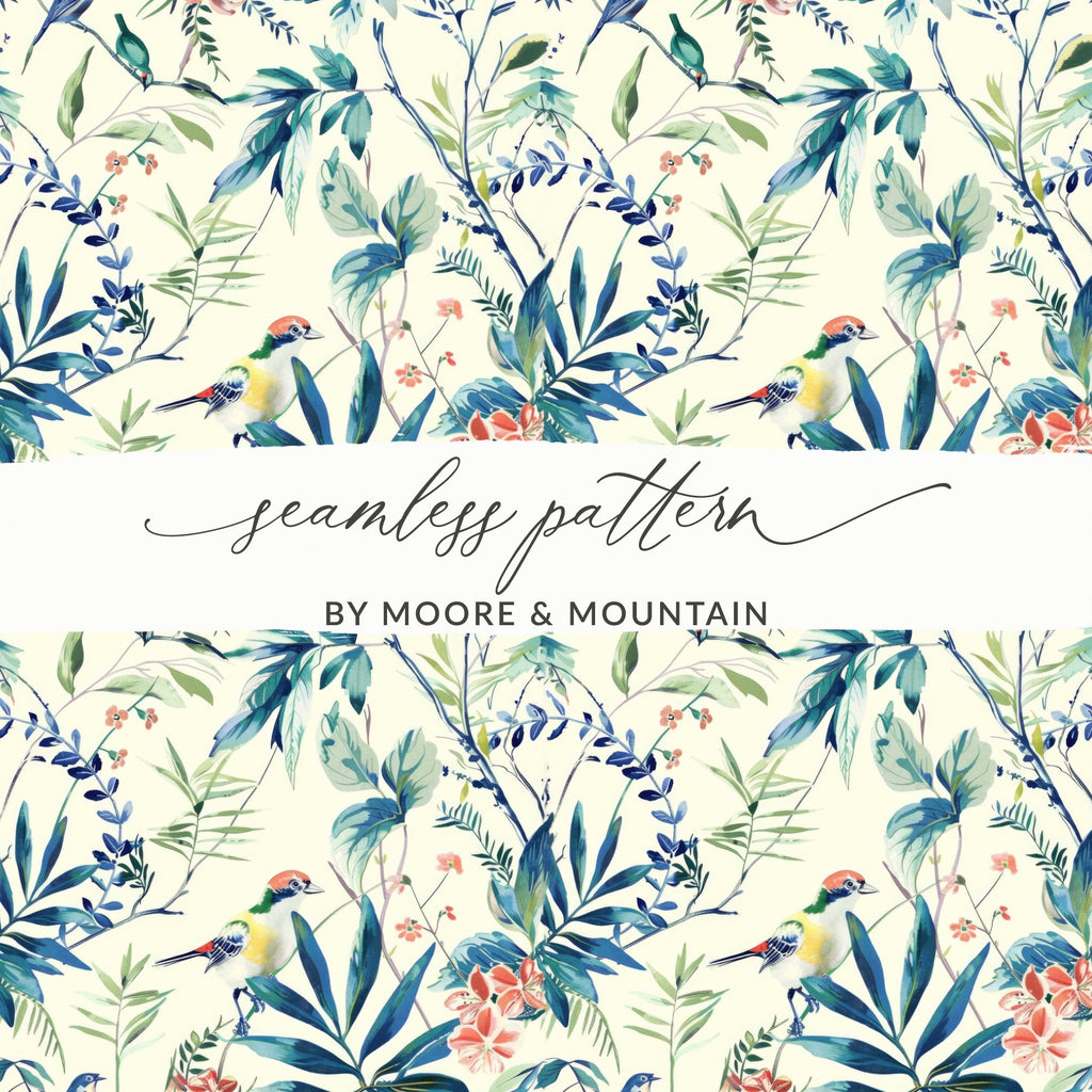Bird Floral Seamless Pattern Digital Download, Botanical Print, Tropical Flower Design, Fabric Design, Background Texture - Moore and Mountain