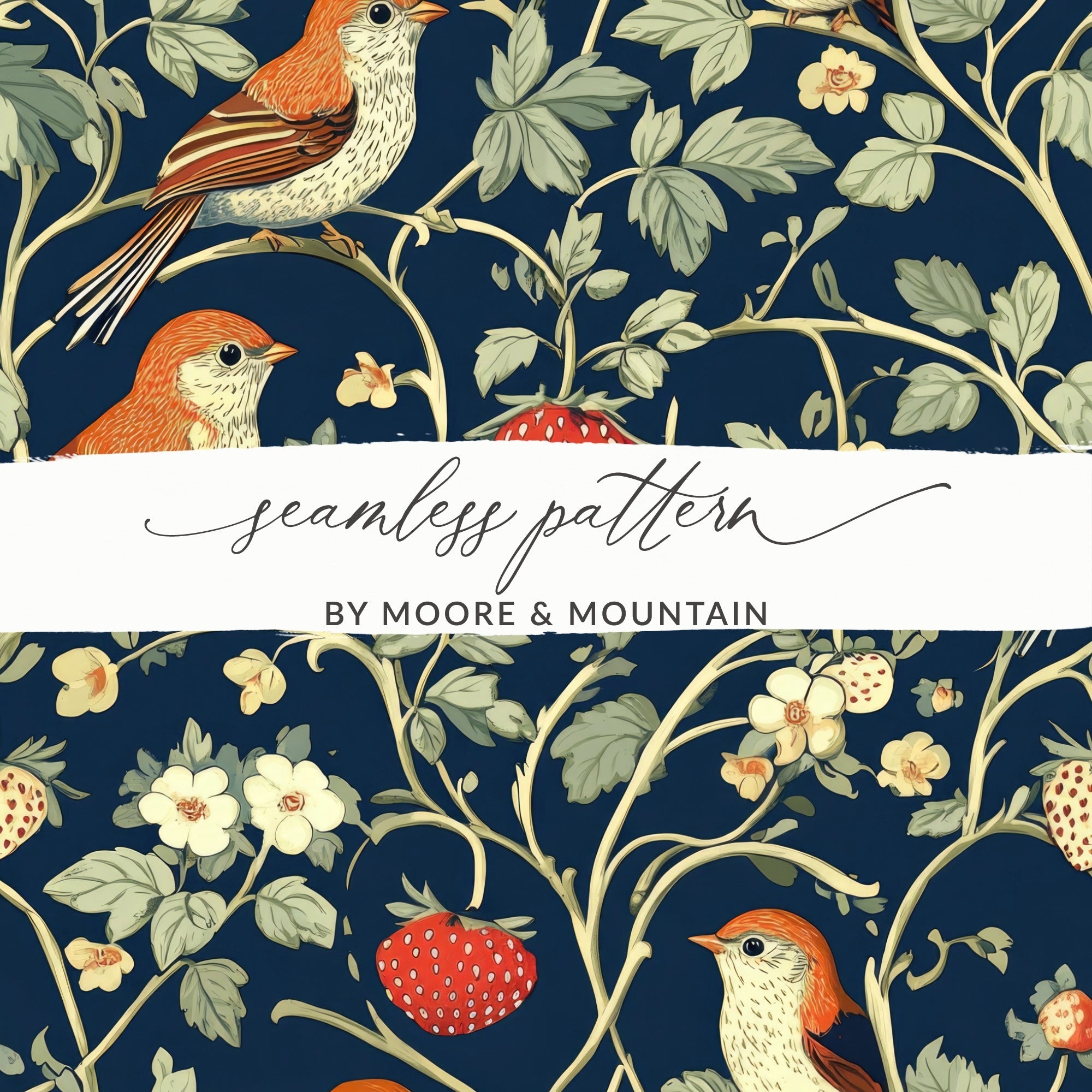 Bird Strawberry Digital Pattern, Seamless Tileable Design, Vintage Inspired Paper, Fabric Print, Floral, JPEG Files - Moore and Mountain