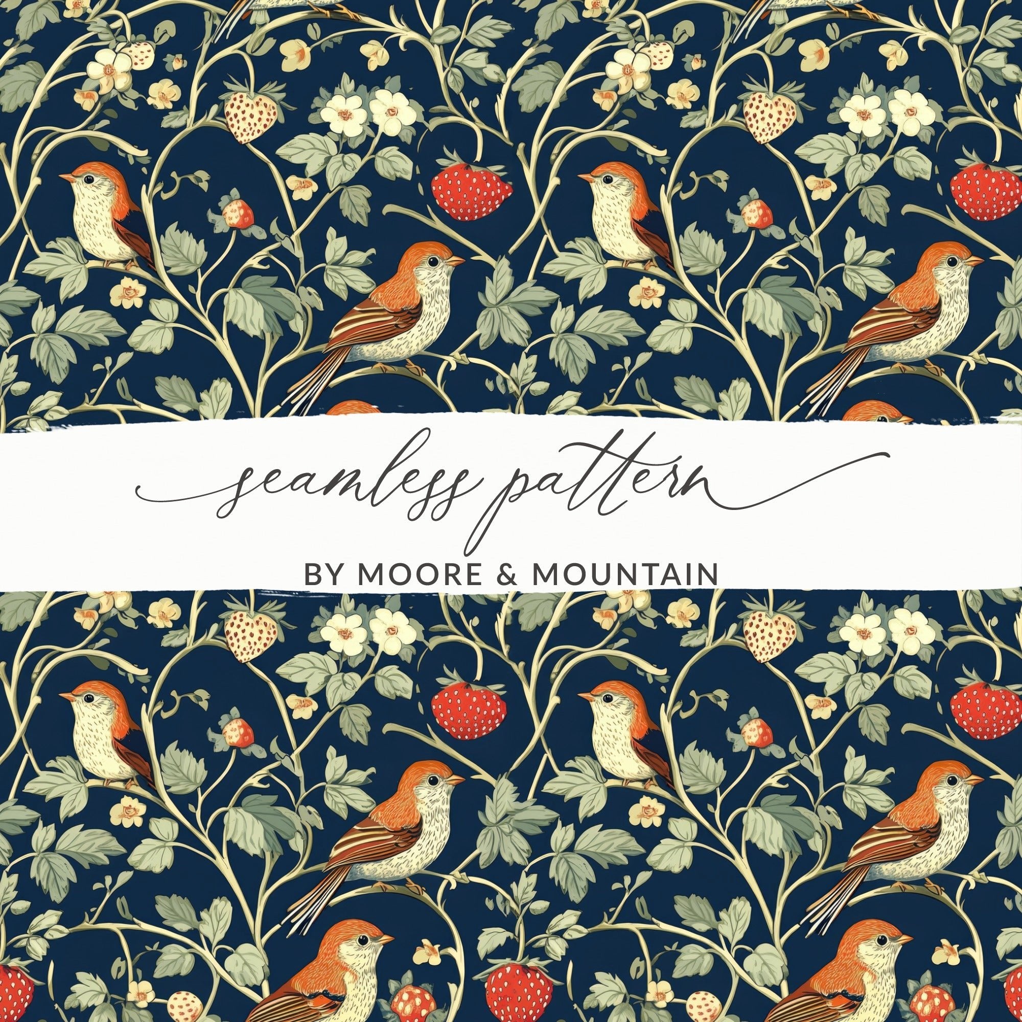 Bird Strawberry Pattern, Seamless Floral Digital Paper Pack, Vintage Botanical Repeat Pattern, Printable Fabric, Scrapbook Paper, DIY Crafts - Moore and Mountain