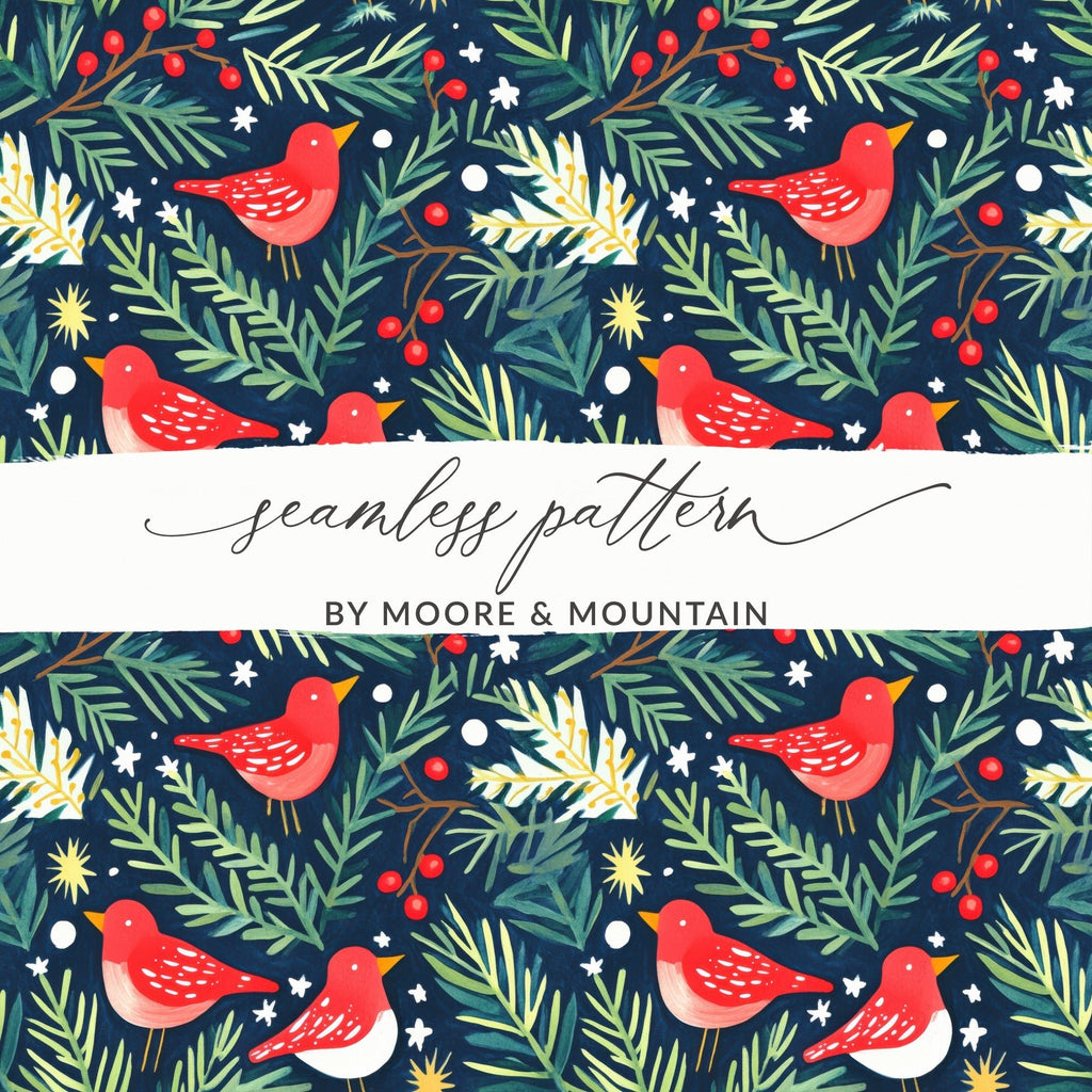 Birds Evergreen Branches With Berries Christmas Night Digital Pattern - Moore and Mountain