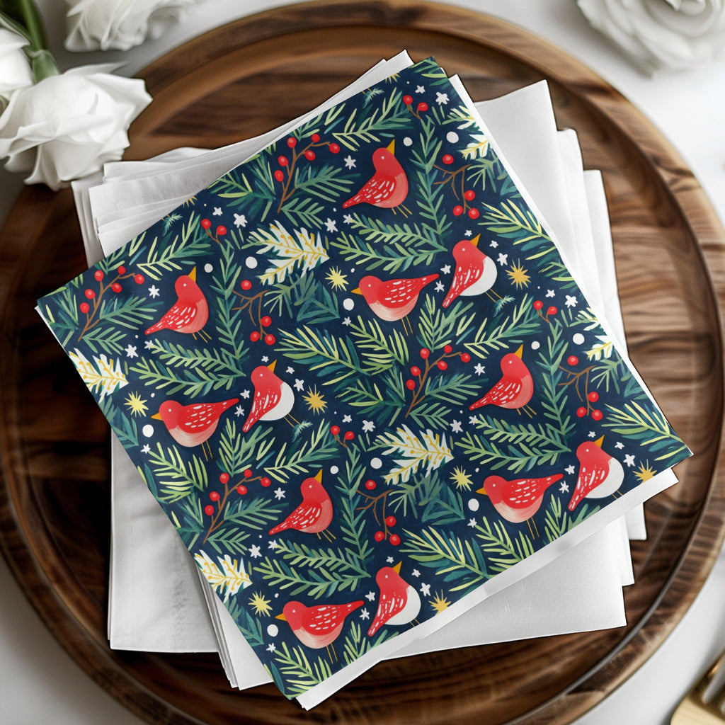 Birds Evergreen Branches With Berries Christmas Night Digital Pattern - Moore and Mountain