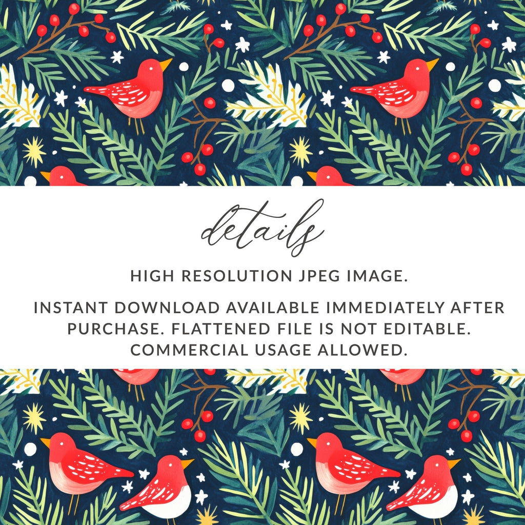 Birds Evergreen Branches With Berries Christmas Night Digital Pattern - Moore and Mountain