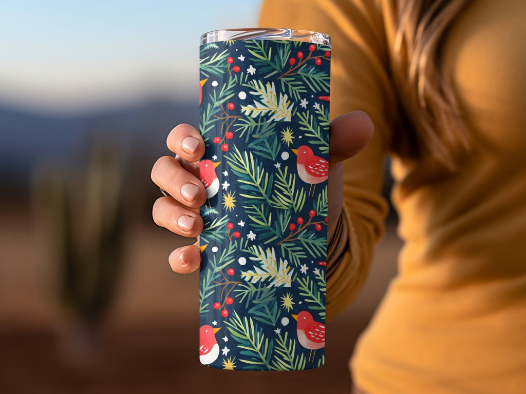 Birds Evergreen Branches With Berries Christmas Night Digital Pattern - Moore and Mountain