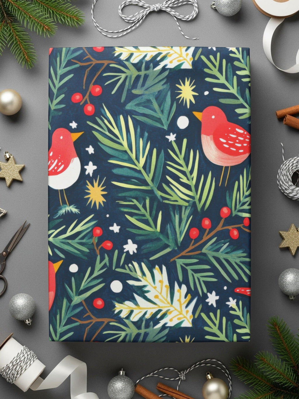 Birds Evergreen Branches With Berries Christmas Night Digital Pattern - Moore and Mountain