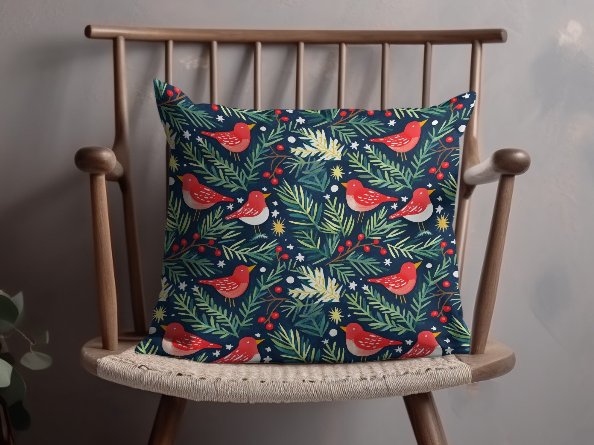 Birds Evergreen Branches With Berries Christmas Night Digital Pattern - Moore and Mountain