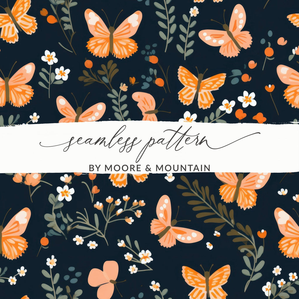 Black and Orange Spring Butterflies And Floral Pattern Dark Background Digital - Moore and Mountain