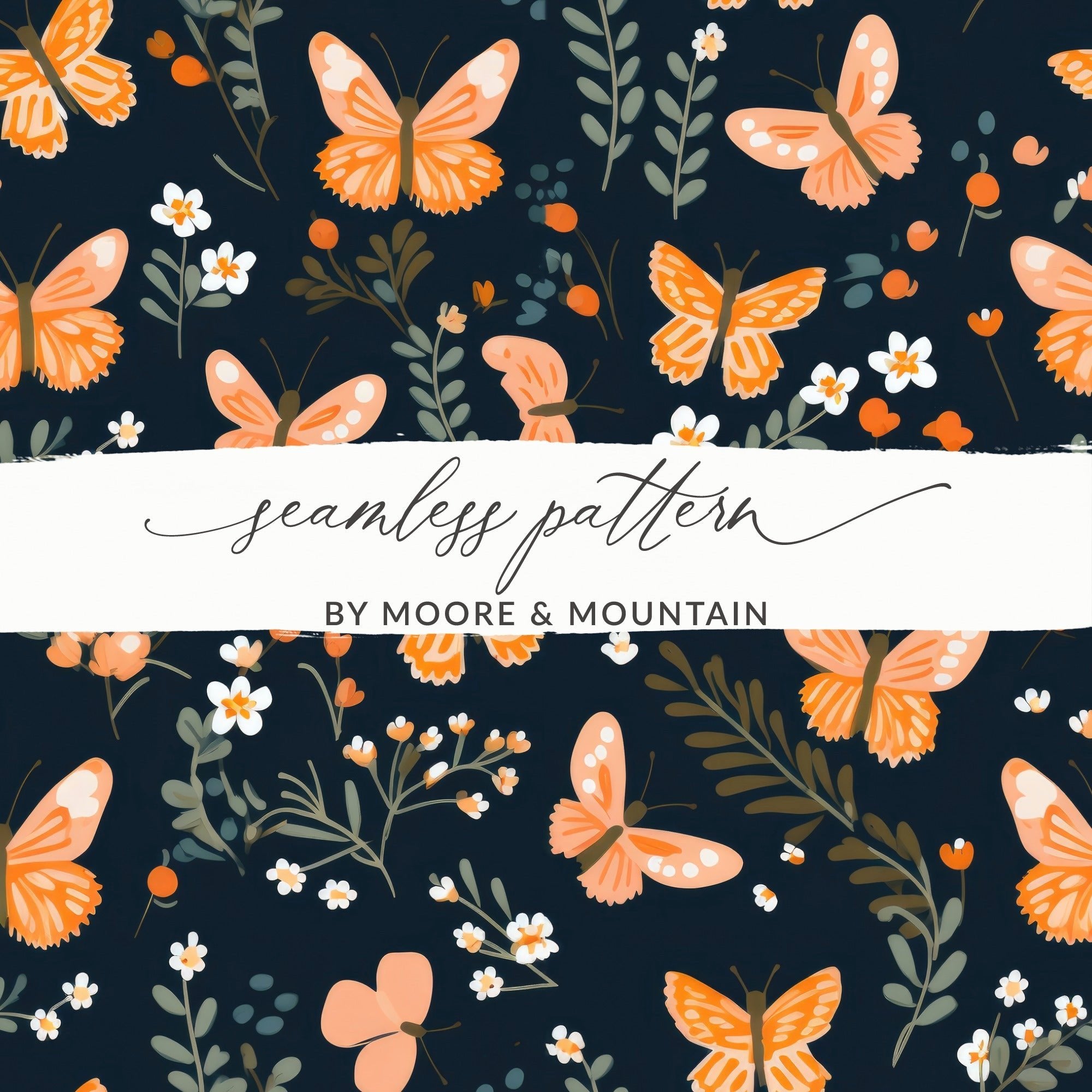 Black and Orange Spring Butterflies And Floral Pattern Dark Background Digital - Moore and Mountain