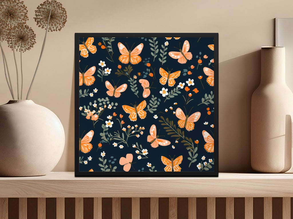 Black and Orange Spring Butterflies And Floral Pattern Dark Background Digital - Moore and Mountain