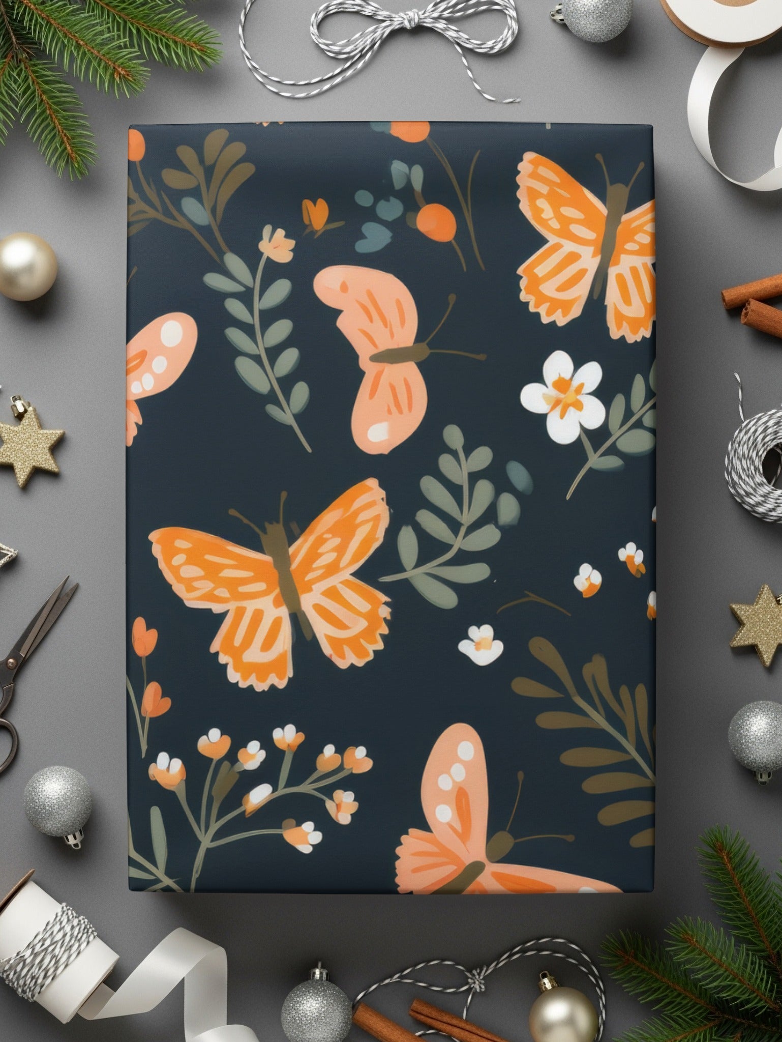 Black and Orange Spring Butterflies And Floral Pattern Dark Background Digital - Moore and Mountain
