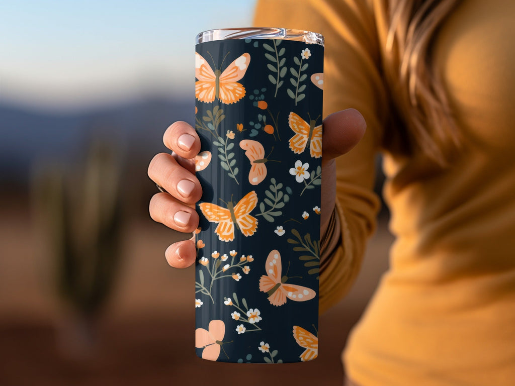 Black and Orange Spring Butterflies And Floral Pattern Dark Background Digital - Moore and Mountain