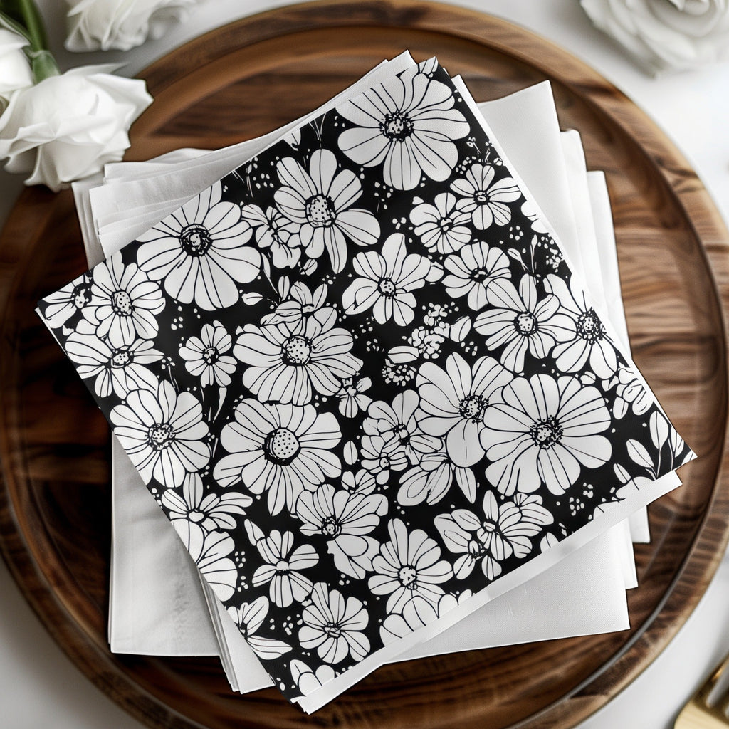 Black and White Abstract Doodle Digital, Groovy Flower Power Seamless Pattern - Moore and Mountain