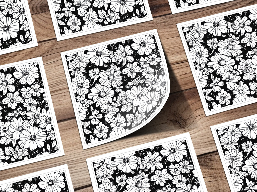 Black and White Abstract Doodle Digital, Groovy Flower Power Seamless Pattern - Moore and Mountain