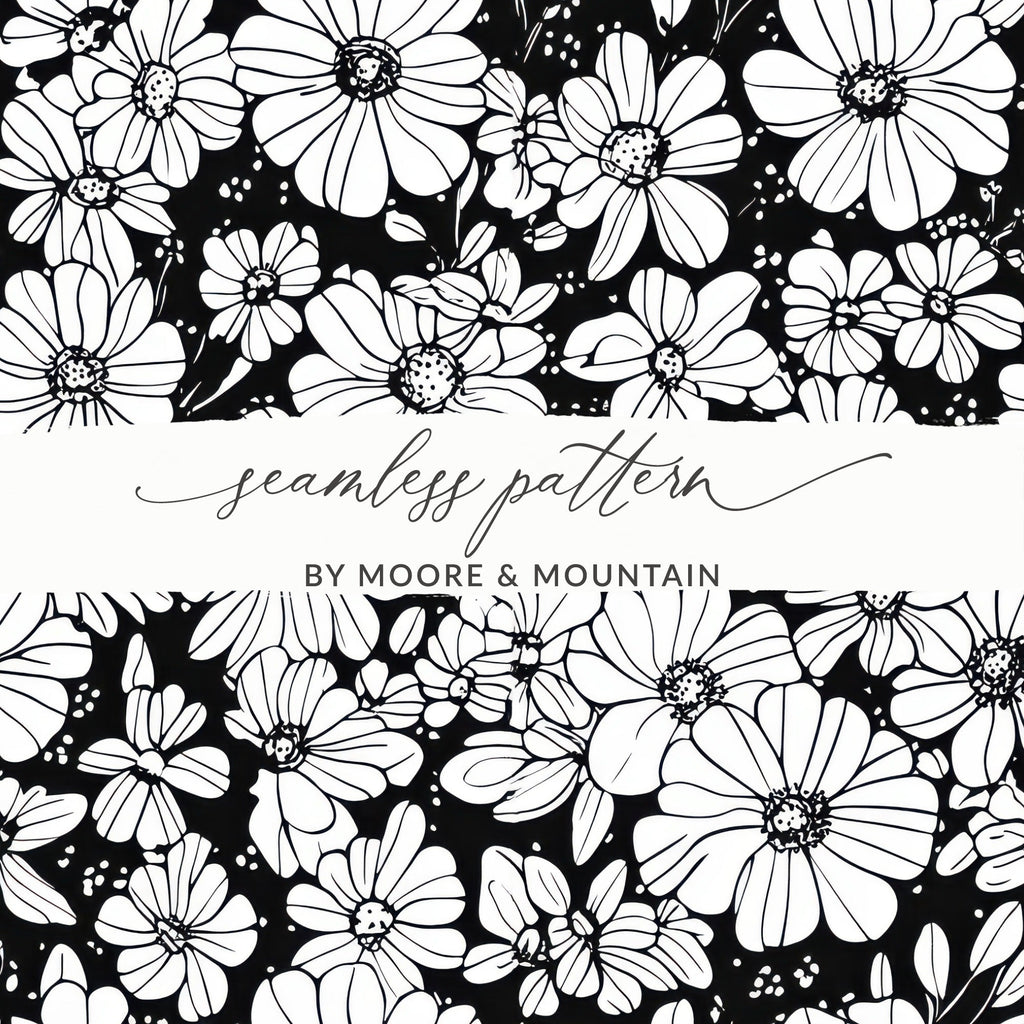 Black and White Abstract Doodle Digital, Groovy Flower Power Seamless Pattern - Moore and Mountain