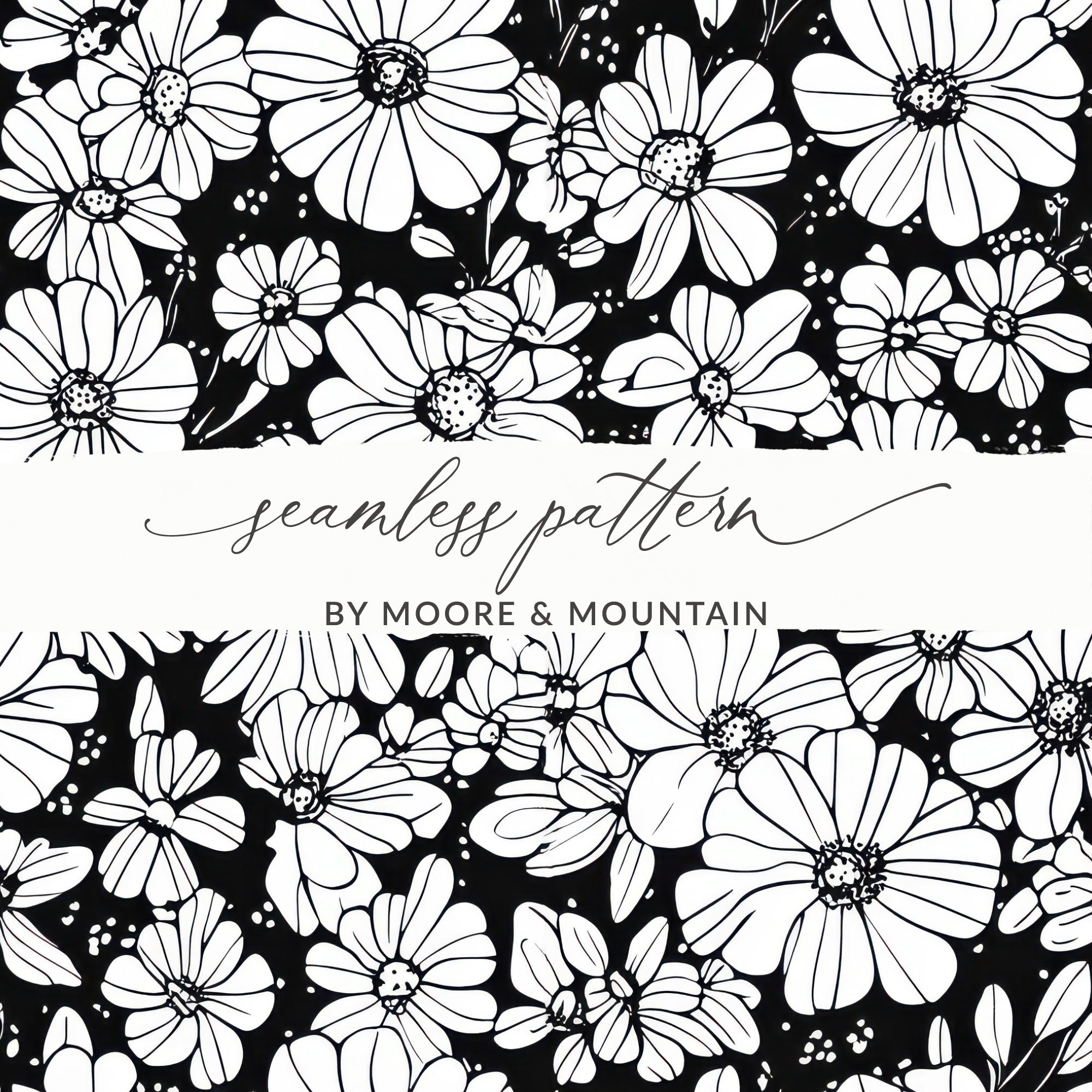 Black and White Abstract Doodle Digital, Groovy Flower Power Seamless Pattern - Moore and Mountain