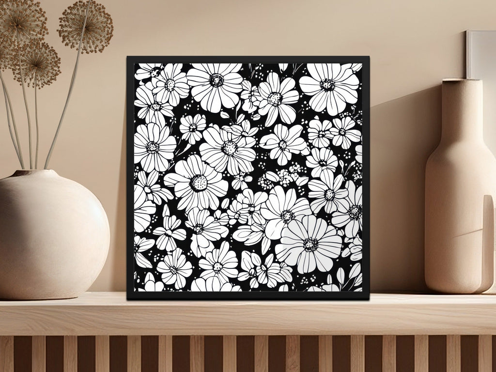 Black and White Abstract Doodle Digital, Groovy Flower Power Seamless Pattern - Moore and Mountain