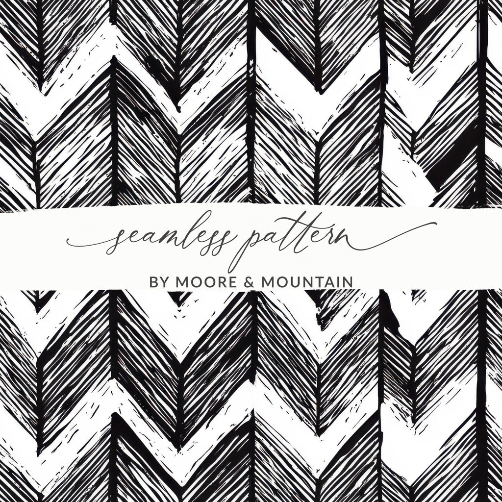 Black and White Abstract Doodle, Geometric Feather Herringbone - Moore and Mountain