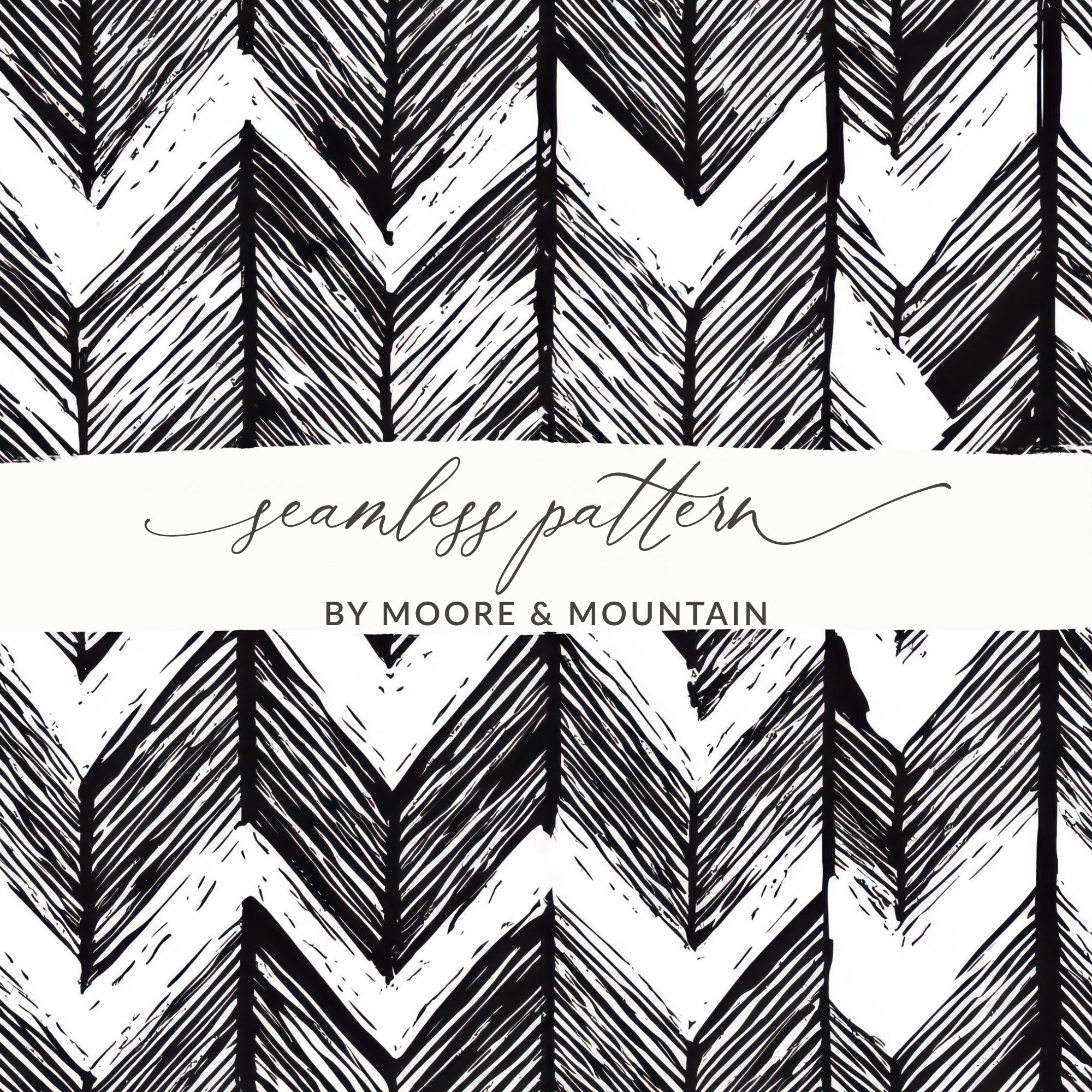 Black and White Abstract Doodle, Geometric Feather Herringbone - Moore and Mountain