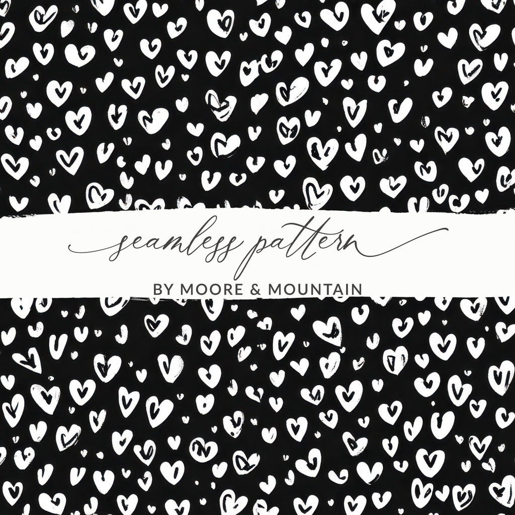Black and White Abstract Doodle Heart Digital Paper, Cute Black Hearts Seamless Pattern - Moore and Mountain