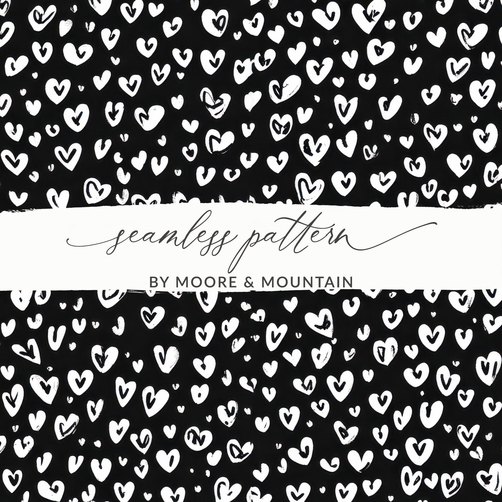 Black and White Abstract Doodle Heart Digital Paper, Cute Black Hearts Seamless Pattern - Moore and Mountain