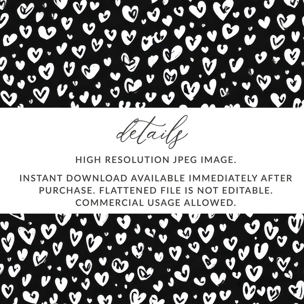 Black and White Abstract Doodle Heart Digital Paper, Cute Black Hearts Seamless Pattern - Moore and Mountain