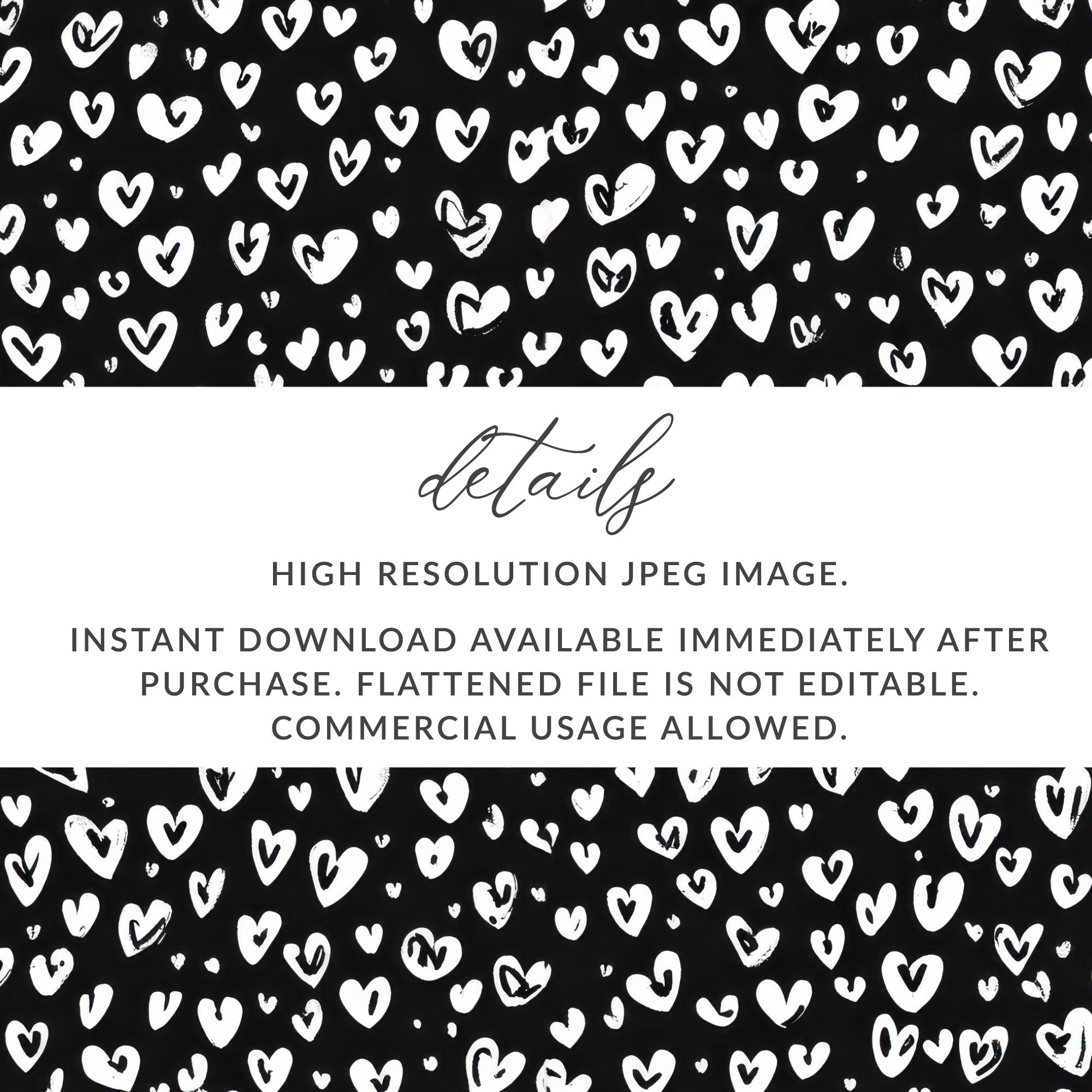 Black and White Abstract Doodle Heart Digital Paper, Cute Black Hearts Seamless Pattern - Moore and Mountain