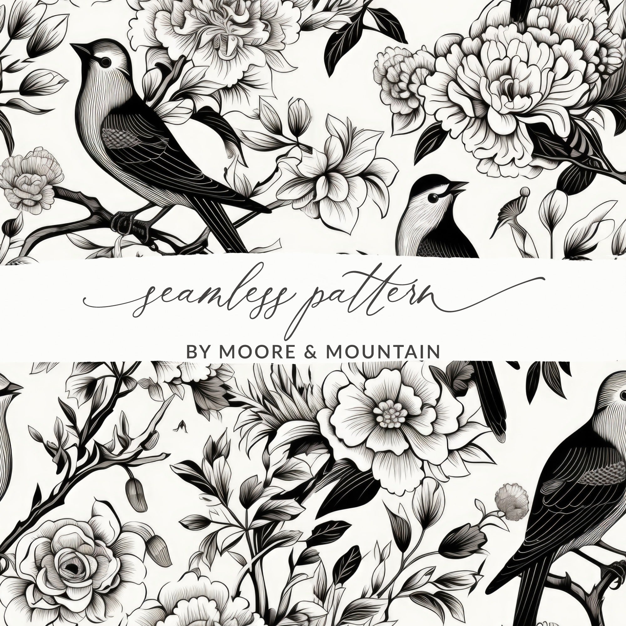 Black and White Bird Toile Seamless Pattern Modern Chinoiserie - Moore and Mountain