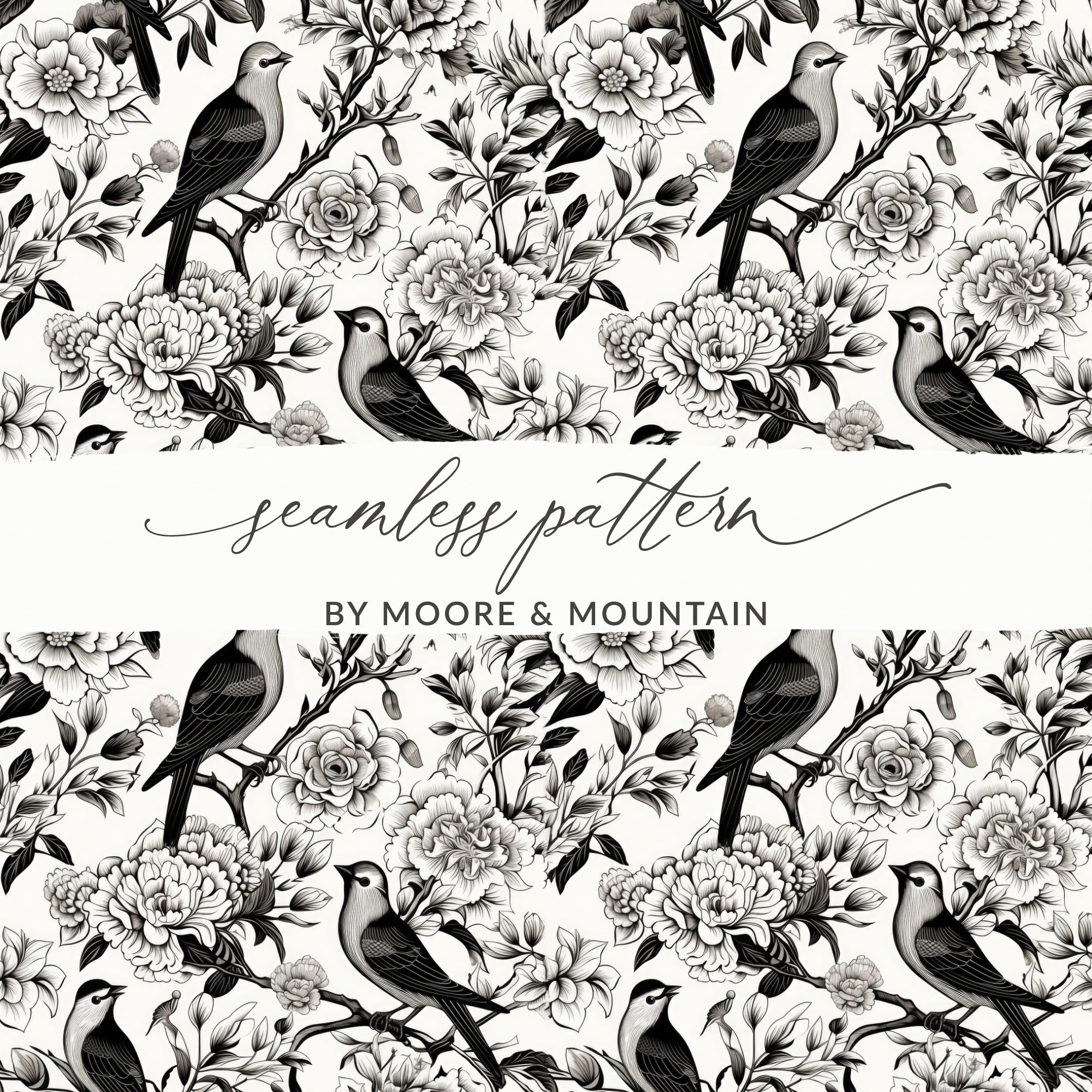 Black and White Bird Toile Seamless Pattern Modern Chinoiserie - Moore and Mountain