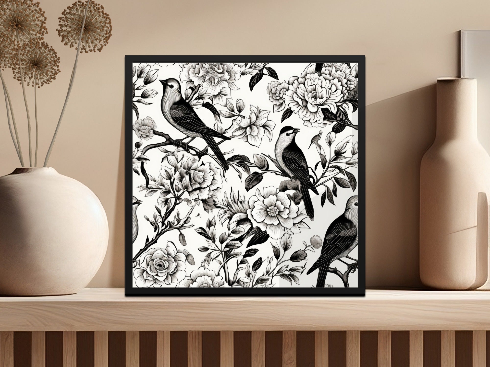 Black and White Bird Toile Seamless Pattern Modern Chinoiserie - Moore and Mountain
