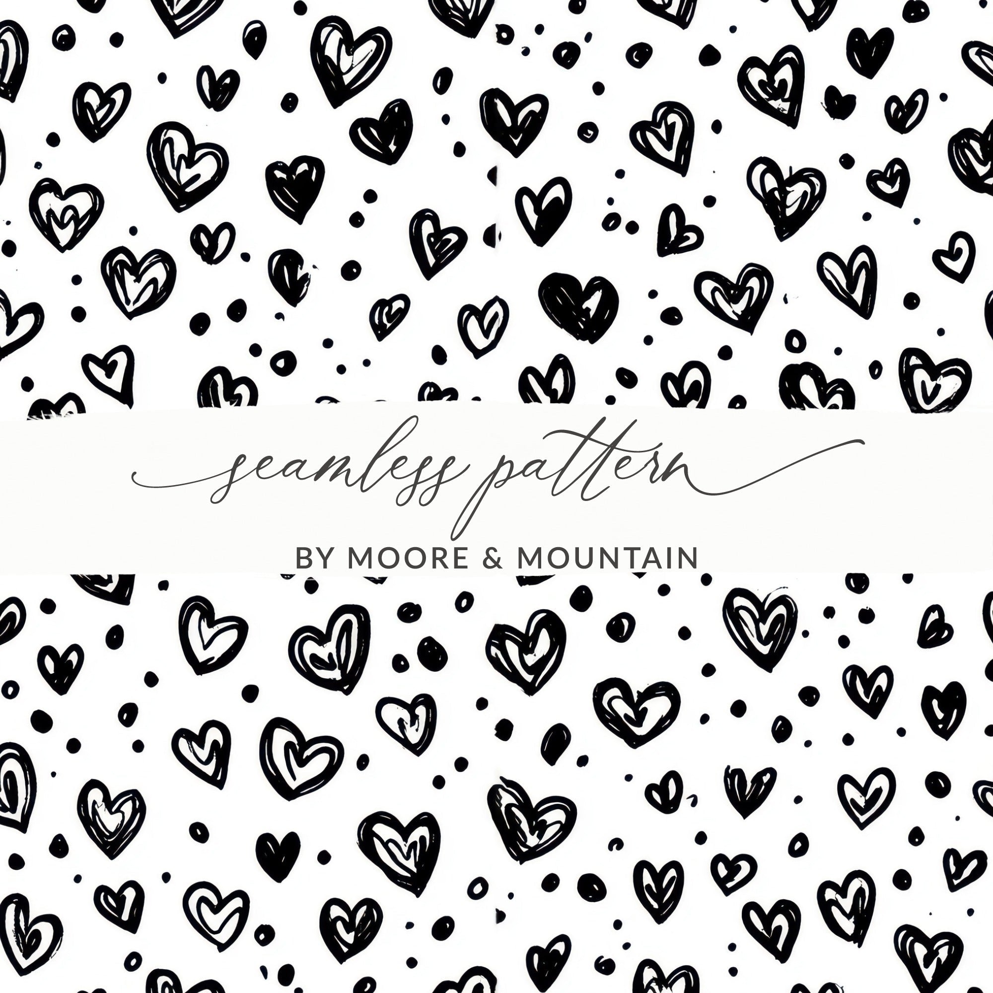 Black and White Hearts Doodle, Abstract Digital Pattern, Seamless Heart Design, Love Digital Paper, Scrapbook Paper Digital, Heart Pattern - Moore and Mountain
