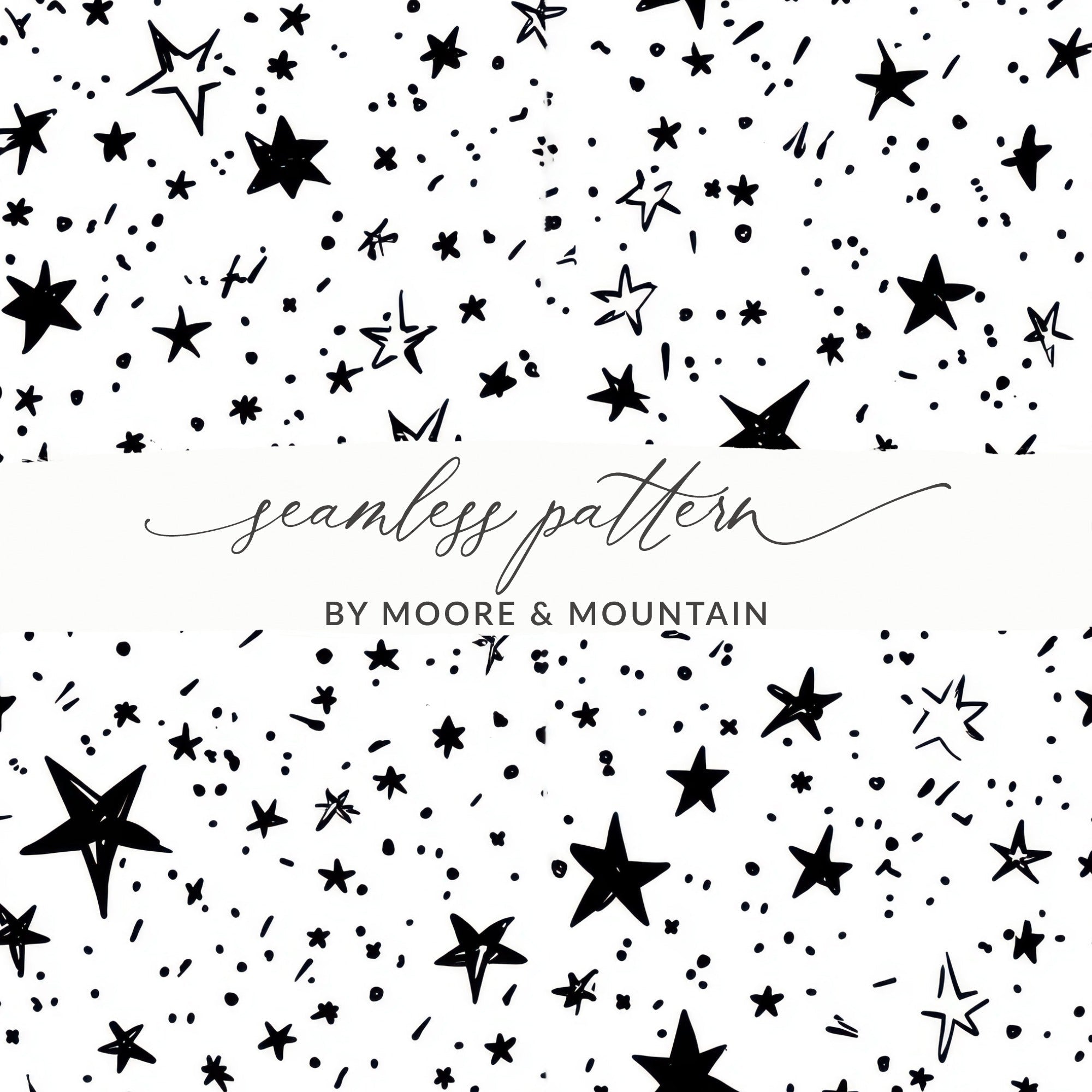 Black and White Star Doodle, Abstract Digital Paper, Modern Geometric Seamless Pattern, Celestial Printable Art, Stars Background - Moore and Mountain