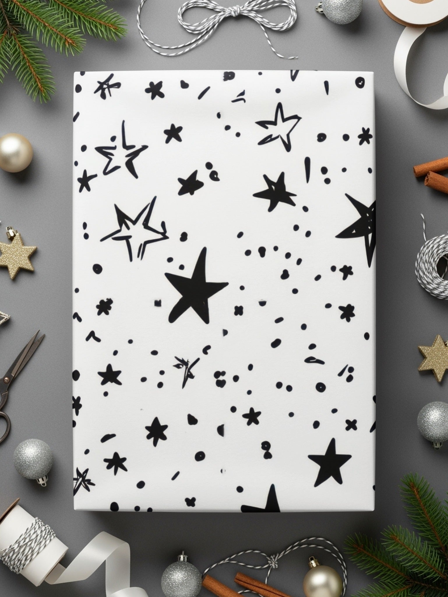 Black and White Star Doodle, Abstract Digital Paper, Modern Geometric Seamless Pattern, Celestial Printable Art, Stars Background - Moore and Mountain