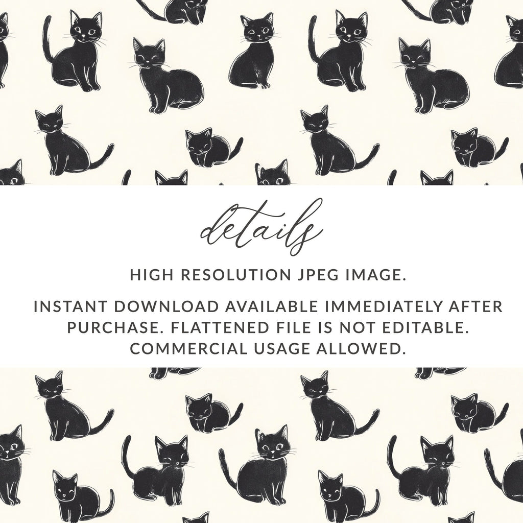 Black Cat Digital Paper, Kitten Seamless Pattern, Cute Animal Illustration, Digital Backgrounds, Scrapbooking, Crafts, Fabric, Commercial - Moore and Mountain