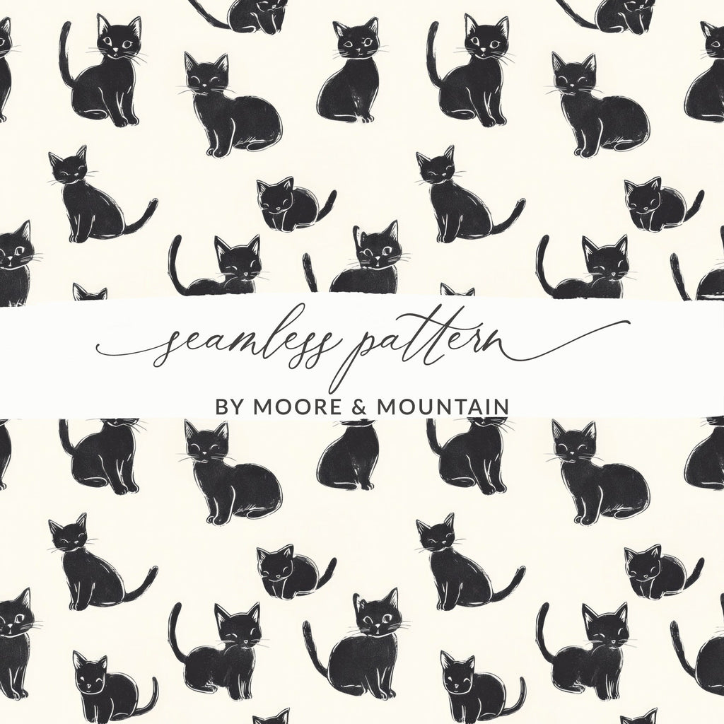 Black Cat Digital Paper, Kitten Seamless Pattern, Cute Animal Illustration, Digital Backgrounds, Scrapbooking, Crafts, Fabric, Commercial - Moore and Mountain