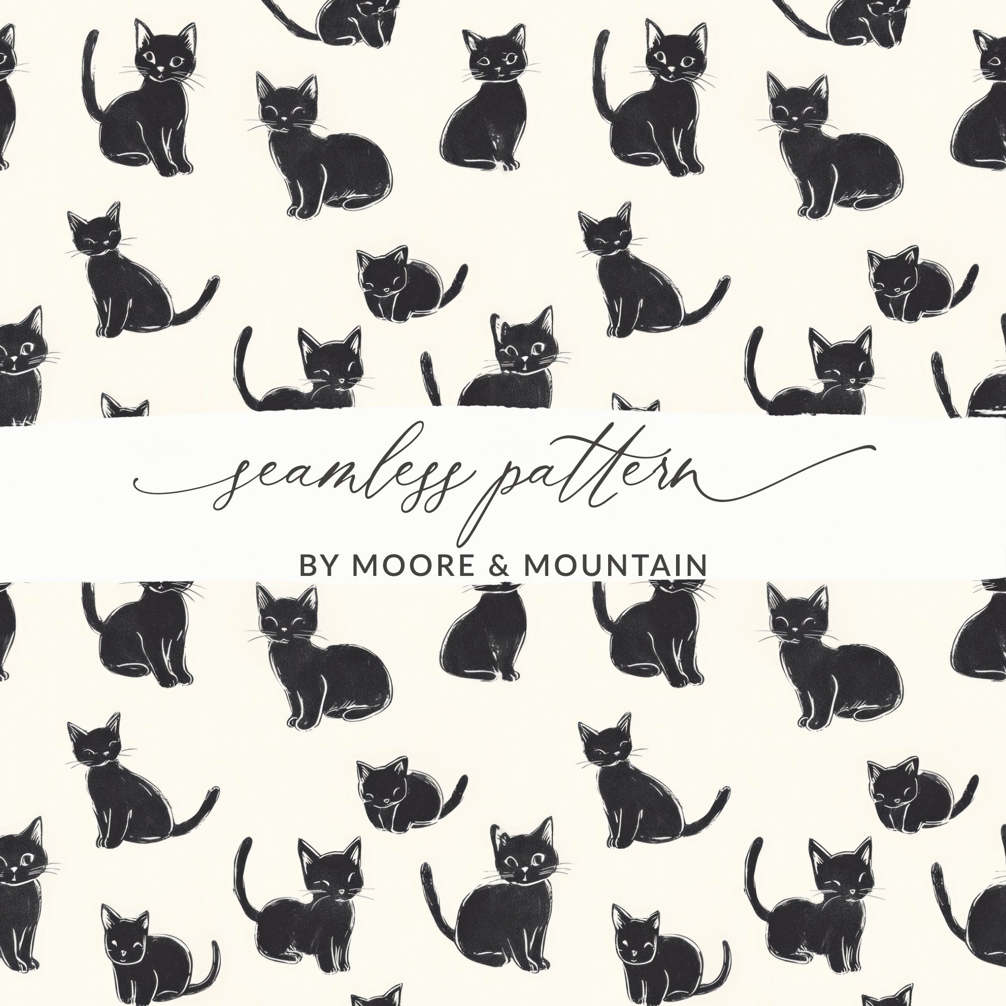 Black Cat Digital Paper, Kitten Seamless Pattern, Cute Animal Illustration, Digital Backgrounds, Scrapbooking, Crafts, Fabric, Commercial - Moore and Mountain