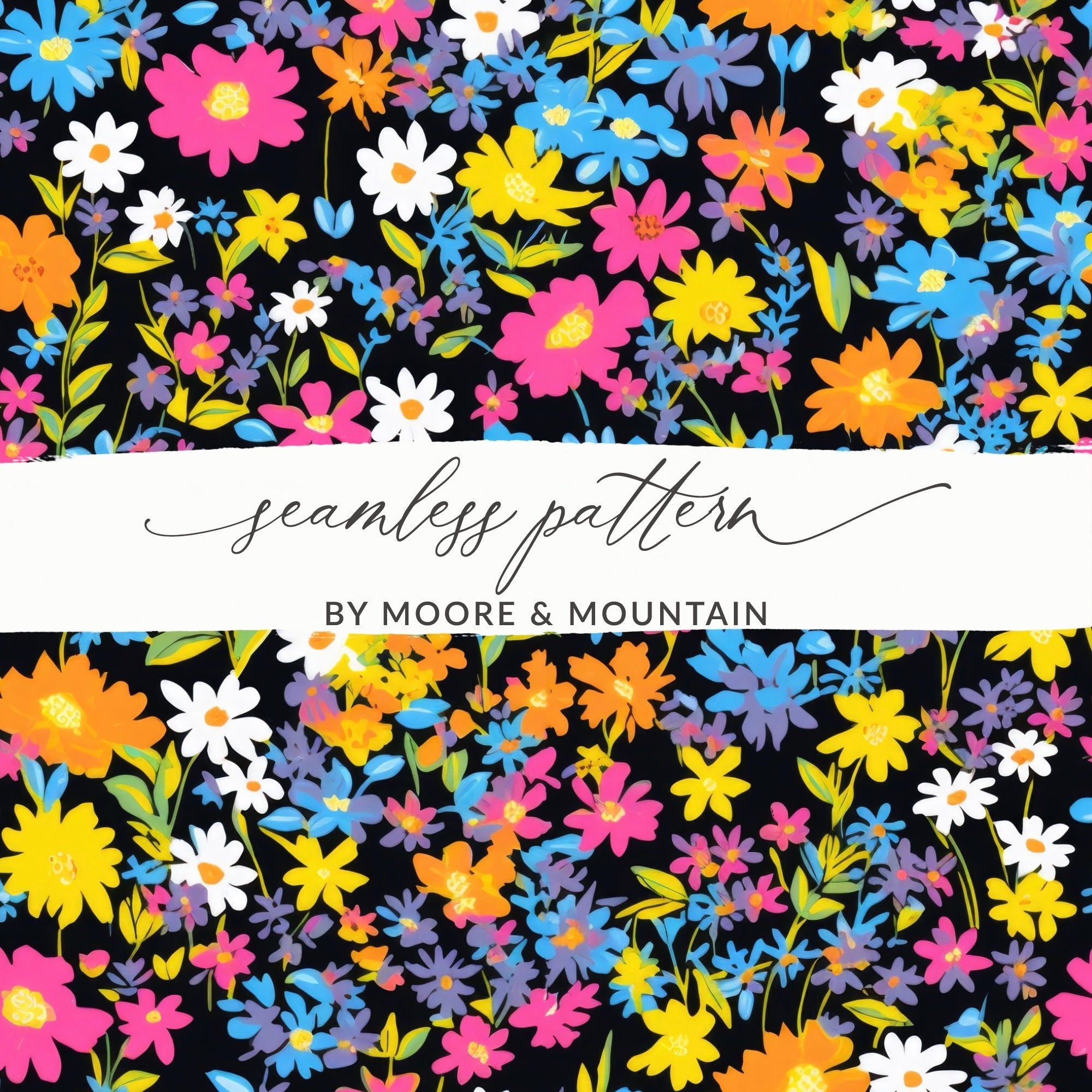 Black Ditsy Floral Digital Paper, Seamless Flower Pattern Dark - Moore and Mountain