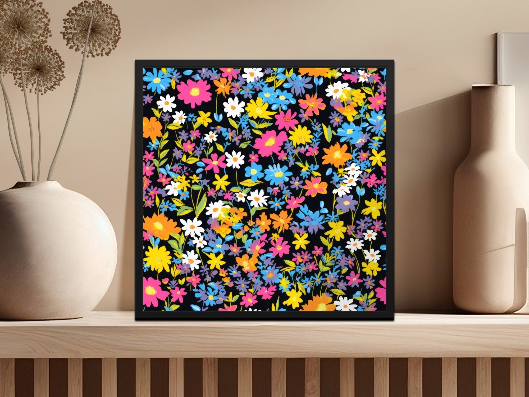 Black Ditsy Floral Digital Paper, Seamless Flower Pattern Dark - Moore and Mountain