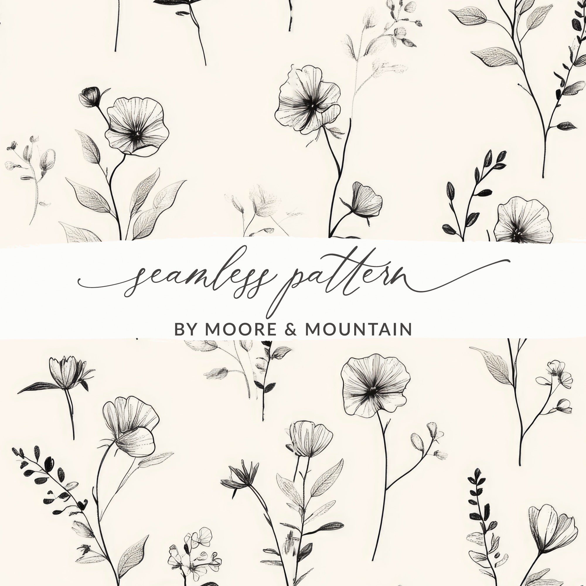 Black Floral Sketch Digital Paper, Seamless Flower Pattern, Botanical Design, Dark Aesthetic Printable Paper, Digital Product - Moore and Mountain