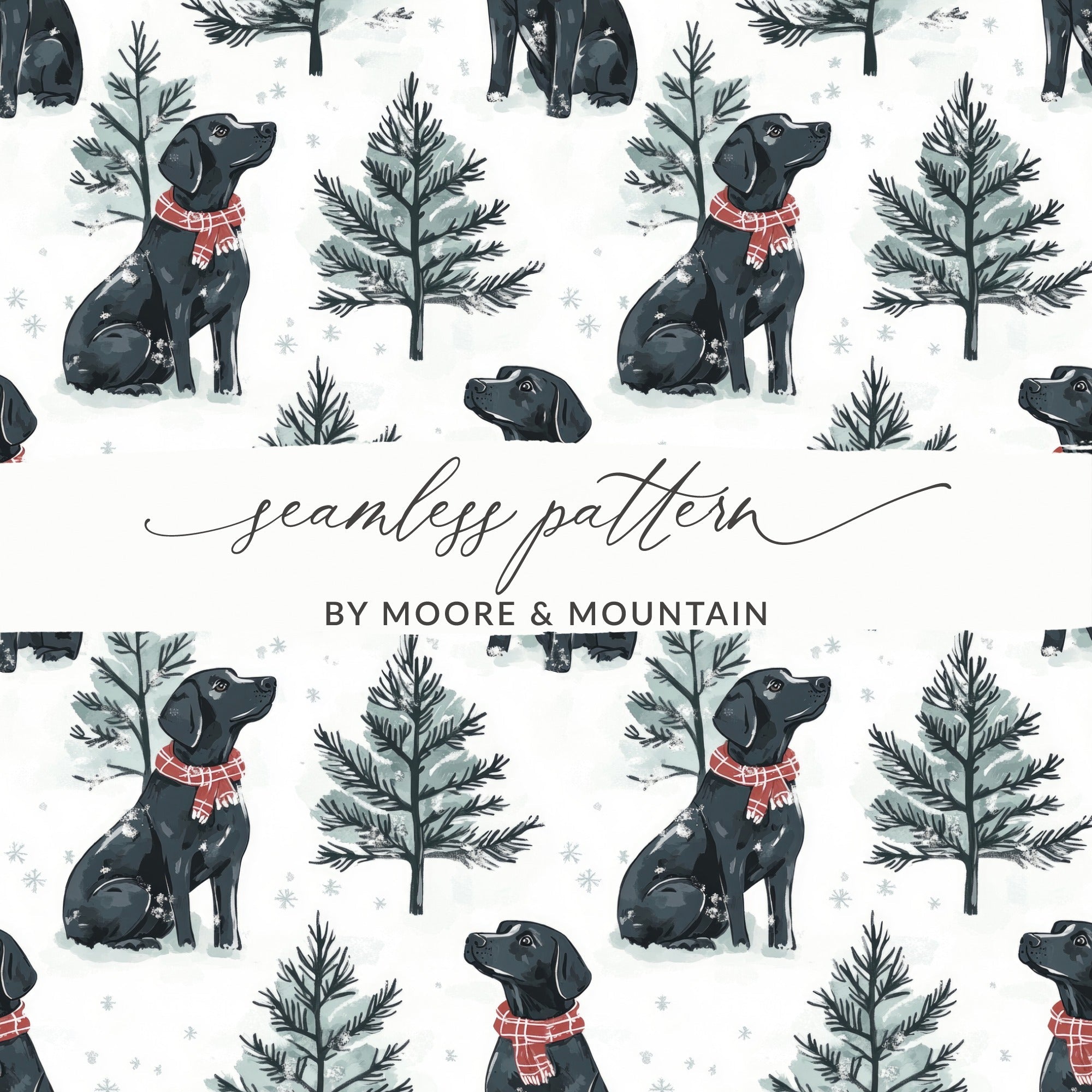 Black Labrador Winter Digital Art, Christmas Dog Pattern, Holiday Pet Print, Neutral Wallpaper, Scandinavian Dogs Decor - Moore and Mountain