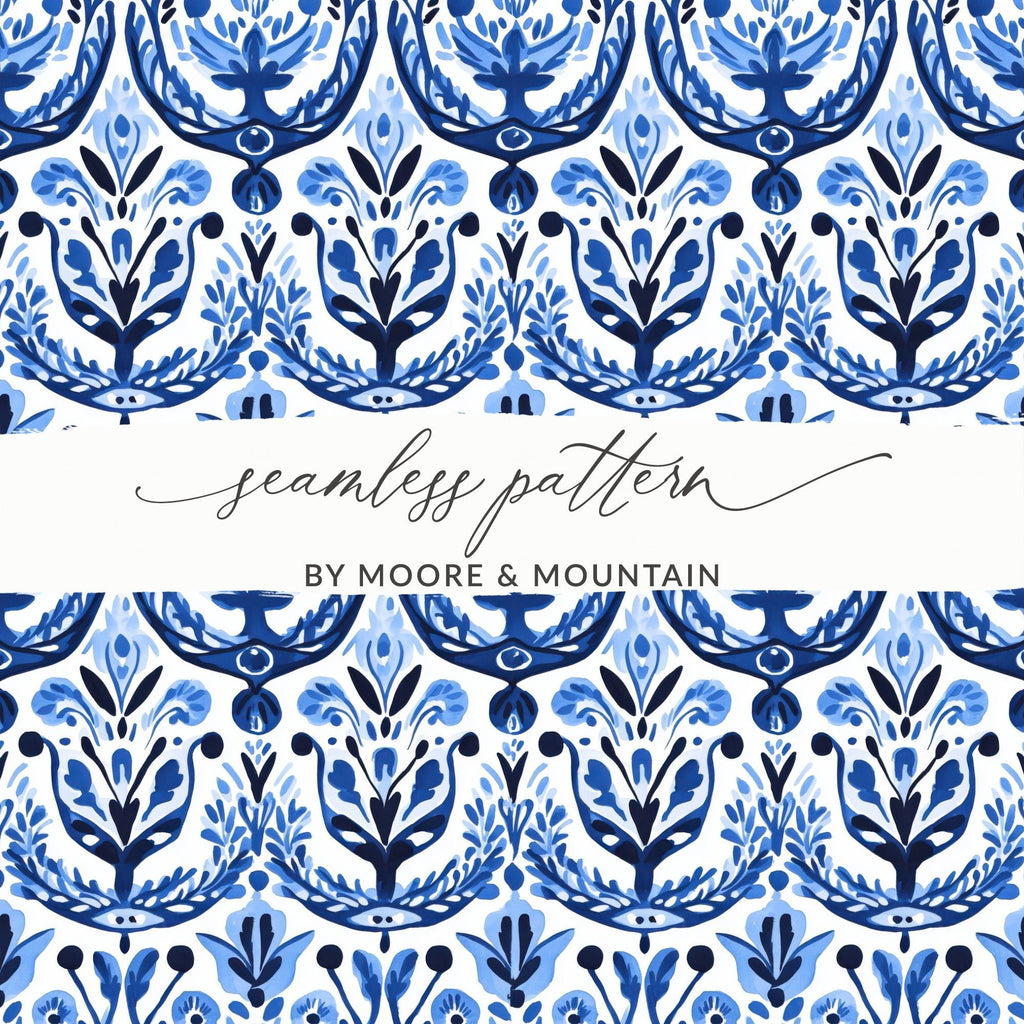 Blue and White Floral Pattern Seamless Vector Background Digital - Moore and Mountain
