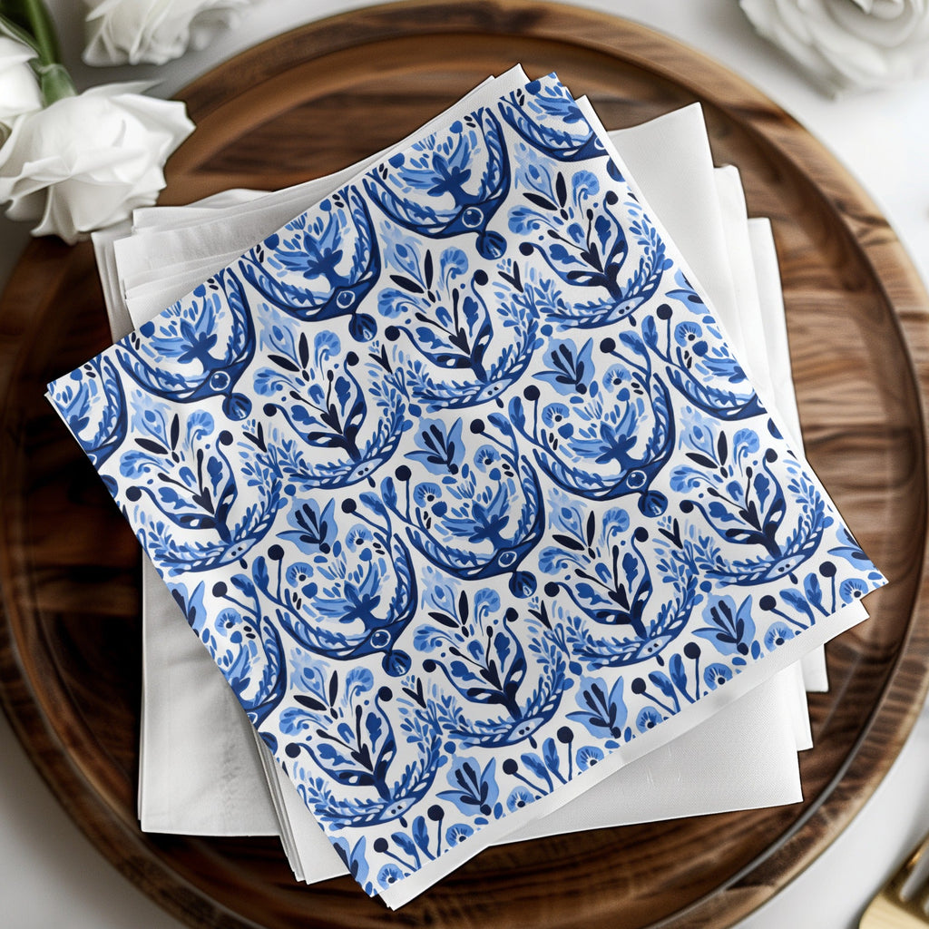 Blue and White Floral Pattern Seamless Vector Background Digital - Moore and Mountain