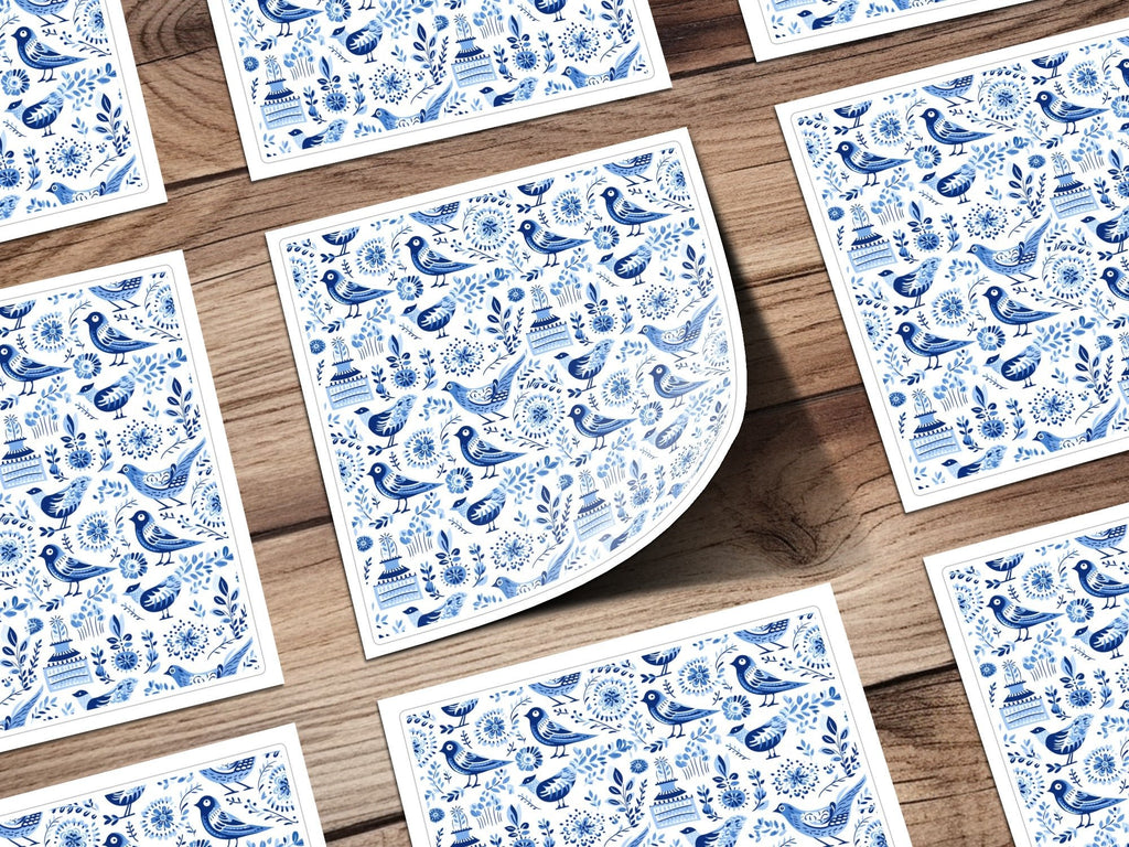 Blue Birds Seamless Pattern, Delftware Style Digital Paper, Bird Floral Design, Repeating Tile, Scandinavian Printable, Digital Download - Moore and Mountain