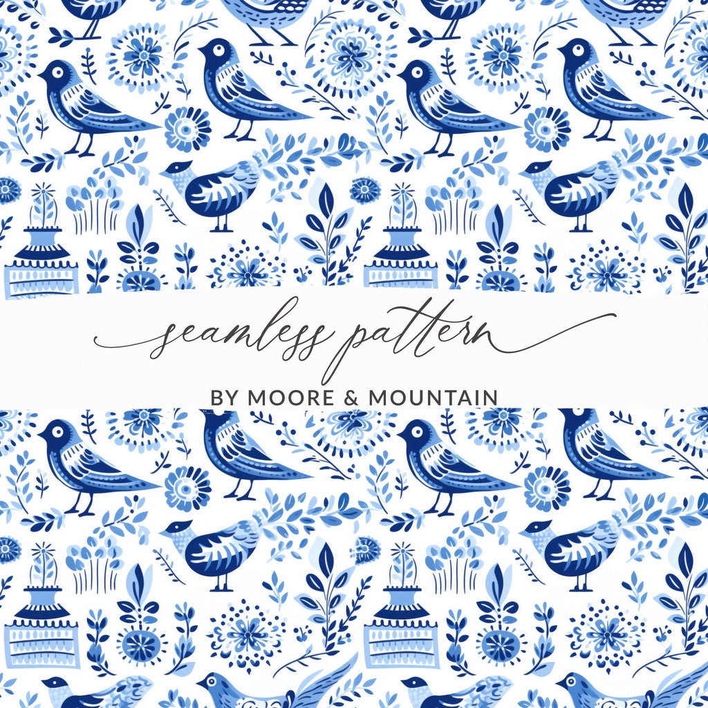 Blue Birds Seamless Pattern, Delftware Style Digital Paper, Bird Floral Design, Repeating Tile, Scandinavian Printable, Digital Download - Moore and Mountain