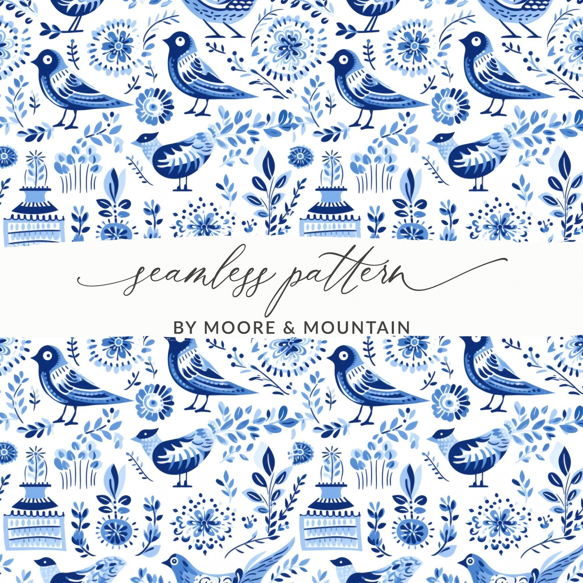 Blue Birds Seamless Pattern, Delftware Style Digital Paper, Bird Floral Design, Repeating Tile, Scandinavian Printable, Digital Download - Moore and Mountain