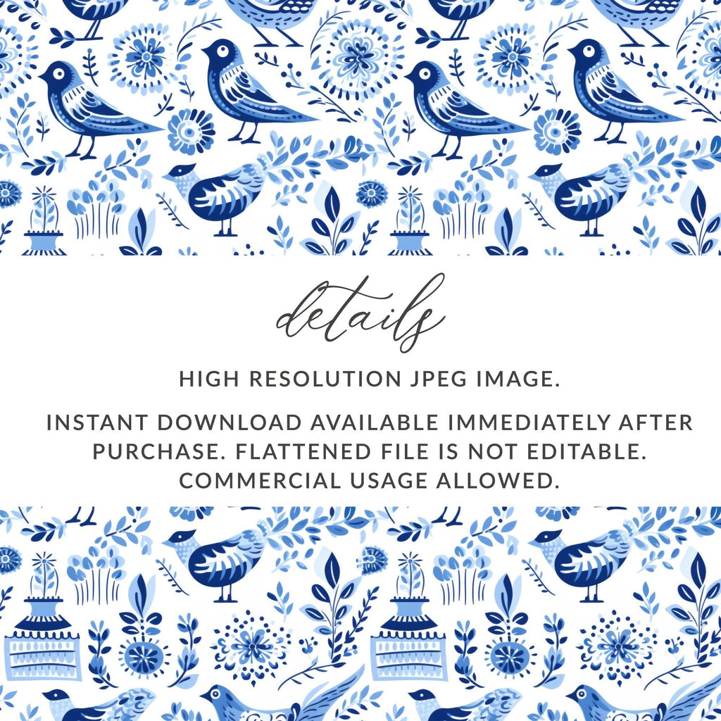 Blue Birds Seamless Pattern, Delftware Style Digital Paper, Bird Floral Design, Repeating Tile, Scandinavian Printable, Digital Download - Moore and Mountain