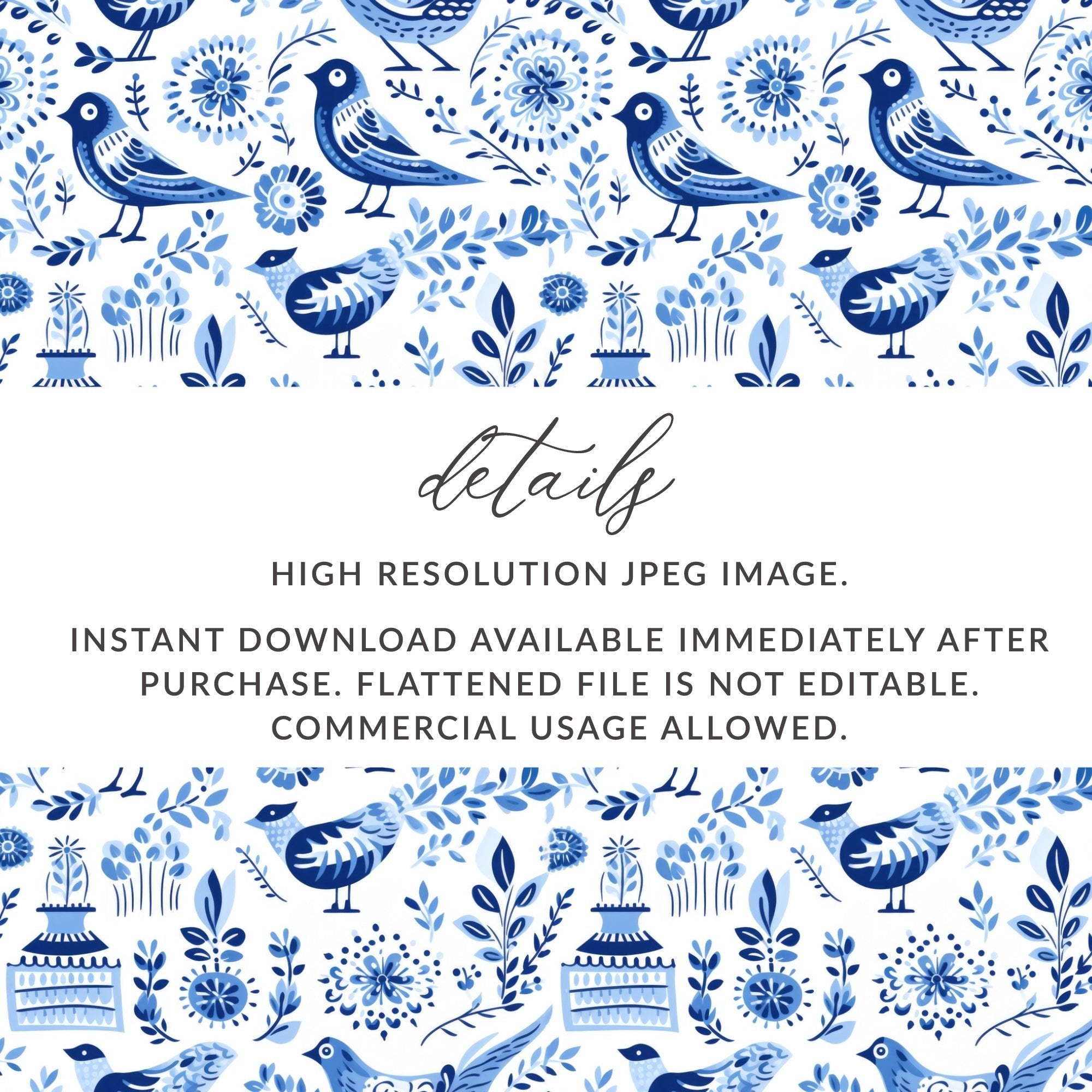 Blue Birds Seamless Pattern, Delftware Style Digital Paper, Bird Floral Design, Repeating Tile, Scandinavian Printable, Digital Download - Moore and Mountain