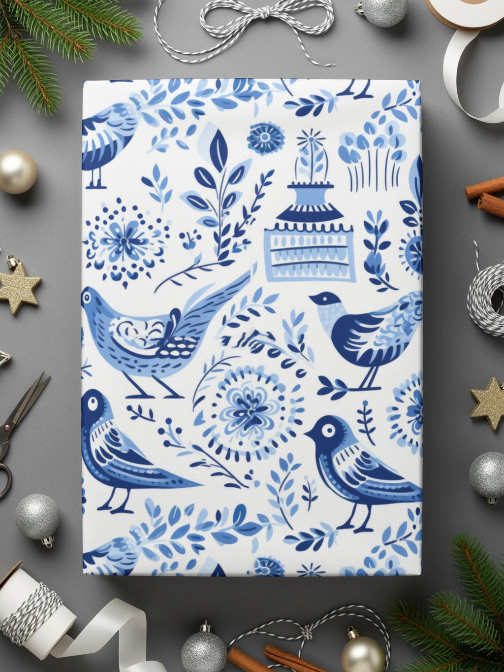 Blue Birds Seamless Pattern, Delftware Style Digital Paper, Bird Floral Design, Repeating Tile, Scandinavian Printable, Digital Download - Moore and Mountain