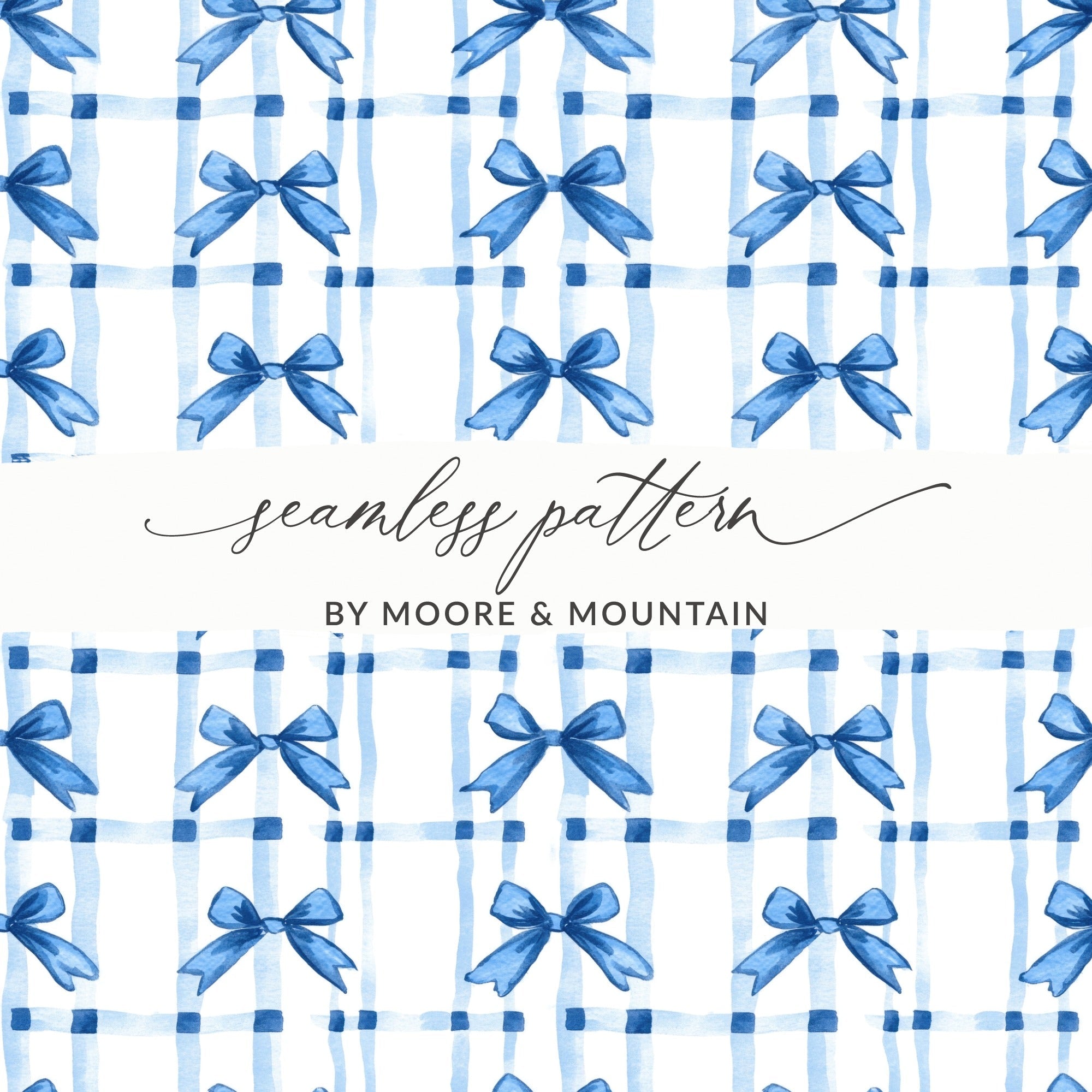 Blue Bow Digital Paper, Gingham Background, Seamless Pattern, Scrapbook Paper, Fabric Design, Watercolor Design, Cute Pattern - Moore and Mountain